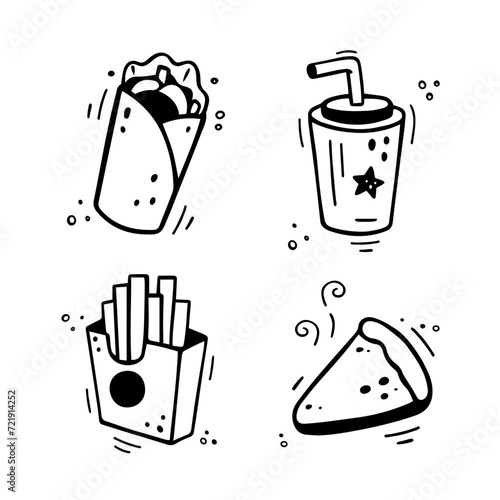 Fast food icons set - shawarma, burrito, French fries, paper cup with drink, pie, cake, tart, cheesecake Hand drawn fast food combo. Comic doodle sketch style. Vector illustration