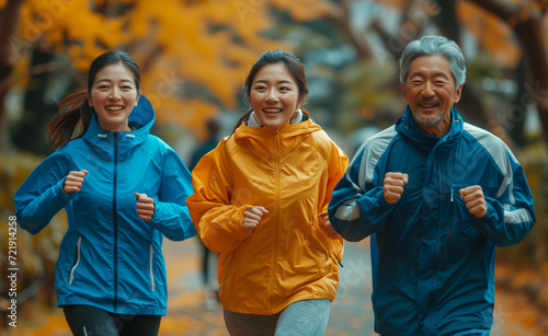 Japanese people running a jogging in a park in autumn