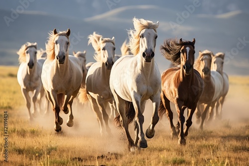 Wild horses galloping and playing in an open field.