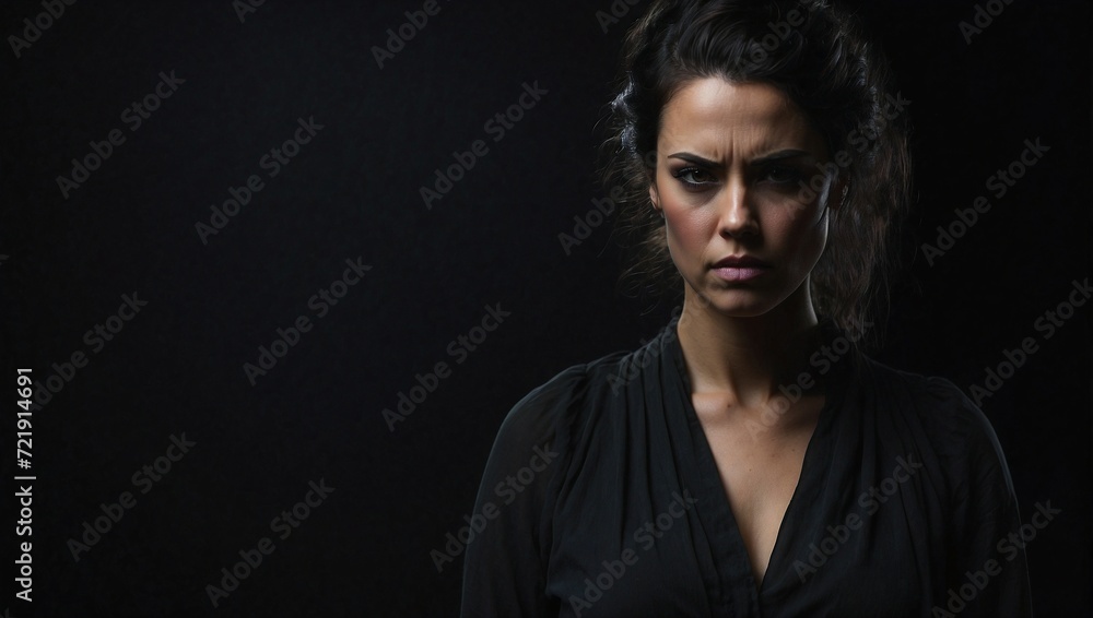 A woman with a scowling, wrathful look, positioned on the far right against a dark black background, creating ample copy space on the left. generative AI