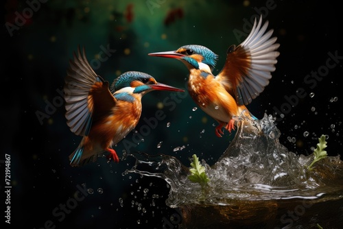 Kingfishers diving into water to catch fish.