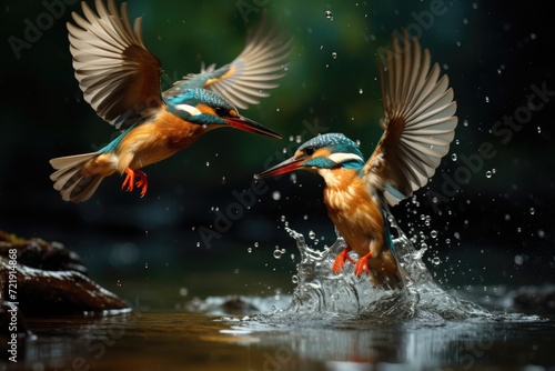 Kingfishers diving into water to catch fish. © OhmArt