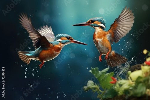 Kingfishers diving into water to catch fish. © OhmArt