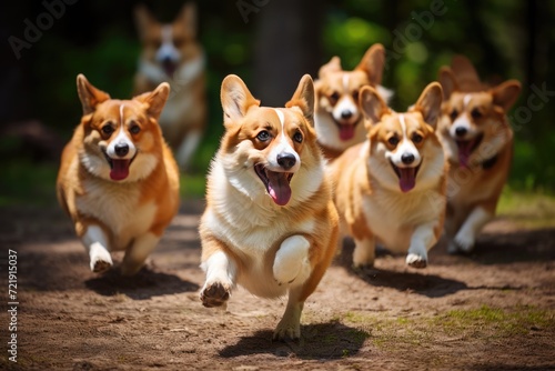 A group of corgis herding and playing together.