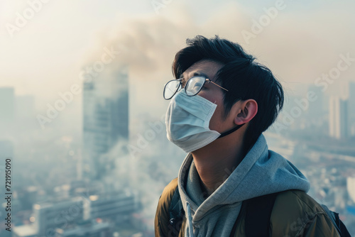 Air pollution pm2.5 concept, Asian man wear N95 masks to protect against PM 2.5 dust and air pollution .
