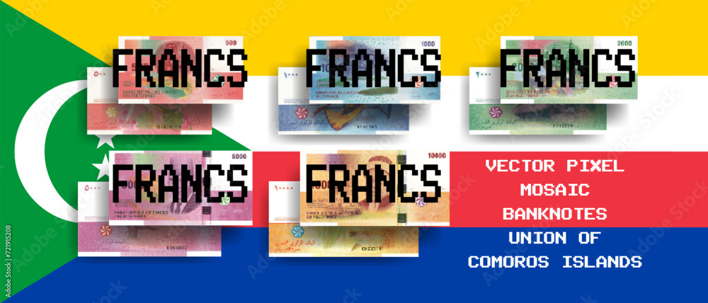 Vector set of pixel mosaic banknotes of Union of Comoros Islands. Collection of notes in denominations of 500, 1000, 2000, 5000 and 10000 francs. Obverse and reverse. Play money or flyers.
