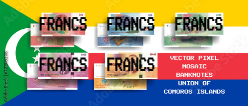 Vector set of pixel mosaic banknotes of Union of Comoros Islands. Collection of notes in denominations of 500, 1000, 2000, 5000 and 10000 francs. Obverse and reverse. Play money or flyers.