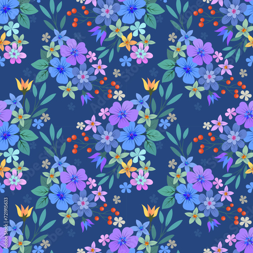 Beautiful blooming flowers design on blue color background seamless pattern. Can be used for fabric textile wallpaper. © teerawat