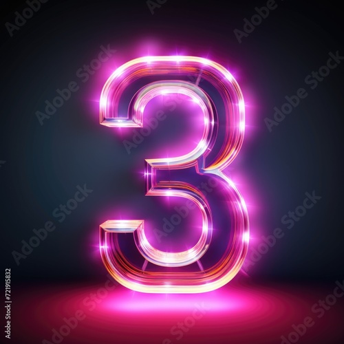 Number 3. Neon outline icon with a light effect