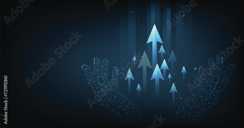 Growth business and successful with arrow up digital on Hand holding on a dark blue background.Concept of goals to be successful.	