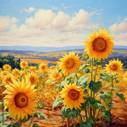 Oil painting of sunflowers in the field. Handmade