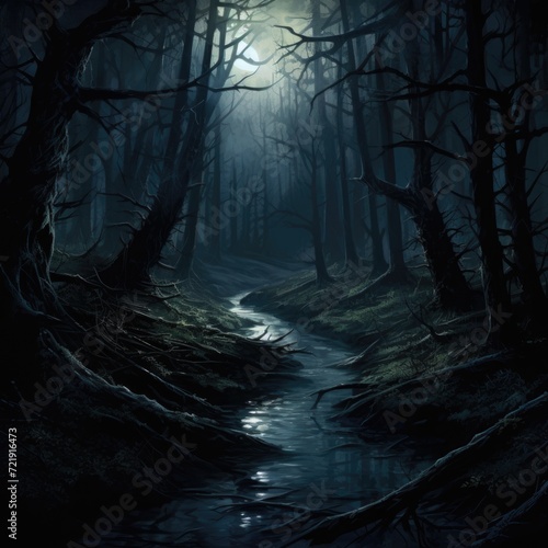 Onyx black shadowy moonlit forest. A place of mystery and hidden secrets