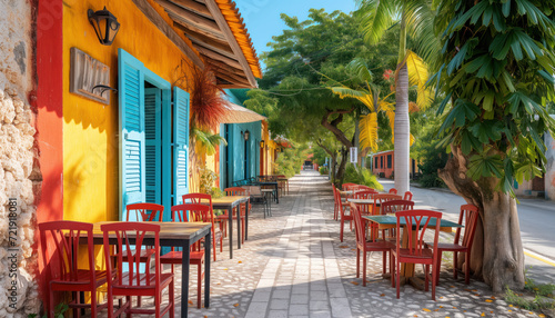 Fototapeta Naklejka Na Ścianę i Meble -  Caribbean street cafe with the tropical design style with colourful walls. 