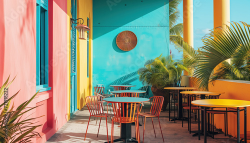 Fototapeta Naklejka Na Ścianę i Meble -  Caribbean street cafe with the tropical design style with colourful walls. 