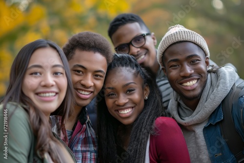 Multi Ethnic men and women students having fun together taking selfie outdoors