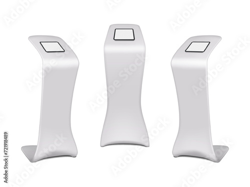 Exhibition tablet podium stand with transparent screen mockup. Blank digital display vector mock-up. Template for design