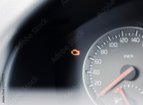 Tableau sur toile Check engine light flashing on car dashboard after starting the engine and checking all systems