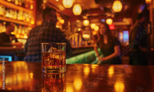Whiskey on the rocks in a modern bar, 2024, with visitors and background lighting. The concept of nightlife and whiskey culture. Design for bar menus and promotions in public places