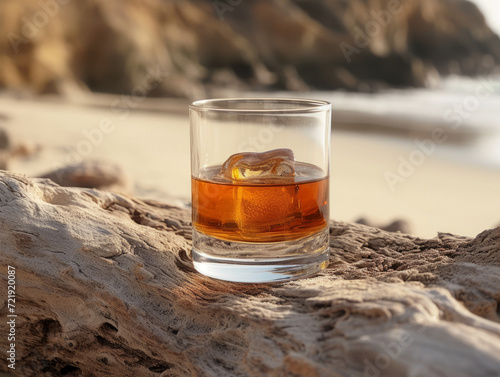 Whisky on the rocks in a clear glass  set on a driftwood against a serene beach backdrop. Relaxation and luxury concept. Design for drink branding and seaside lifestyle themes