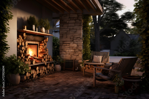 A backyard with a custom built-in firewood storage