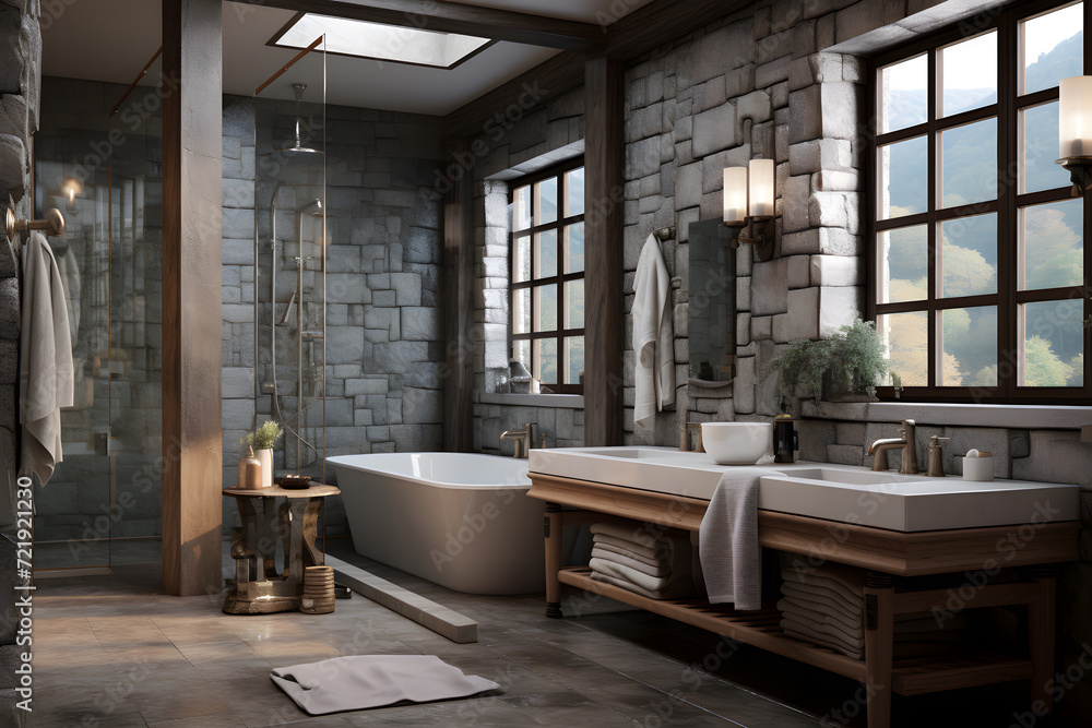 A bathroom featuring a mix of textured stone and glass tile A bathroom featuring a mix of textured stone and glass tile
