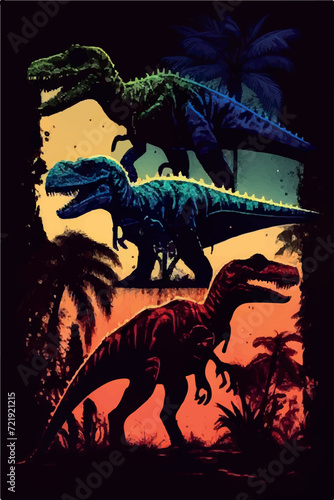 Vector Collection of Colorful Dinosaur Silhouettes: Diplodocus, Tyrannosaurus, Velociraptor, Stegosaurus, Triceratops, Pterodactyl, Brachiosaurus, Allosaurus, and More