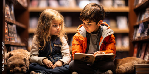 Two children lost in the world of books: a young boy and girl sitting on the floor, engrossed in reading at a cozy bookstore