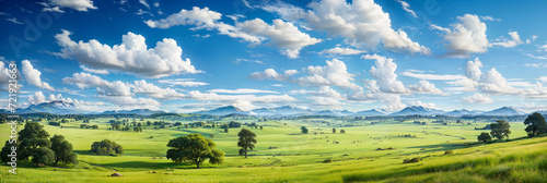 Expansive lush green field under a vibrant blue sky with fluffy white clouds, surrounded by a line of trees on the horizon, depicting serene and tranquil rural landscape
