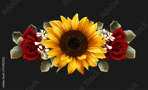 Floral composition with sunflower and two red roses