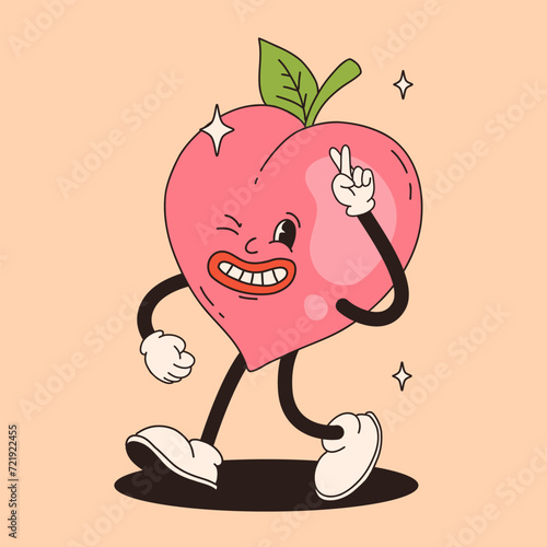 Groovy peach mascot. Funky retro character. cartoon peach, smiling, walking. Funny vintage trendy style character. Doodle Comic collection