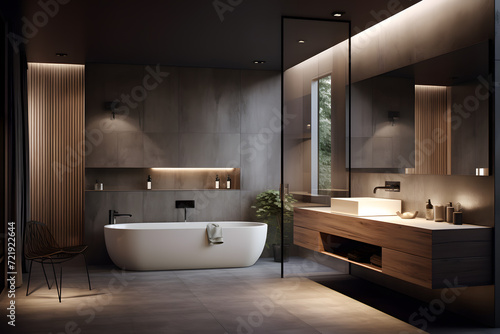 A bathroom with a combination of recessed and pendant light photo