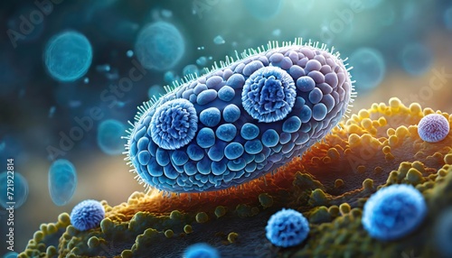 close up of 3d microscopic blue bacterias, on cell ; concept science and medical education