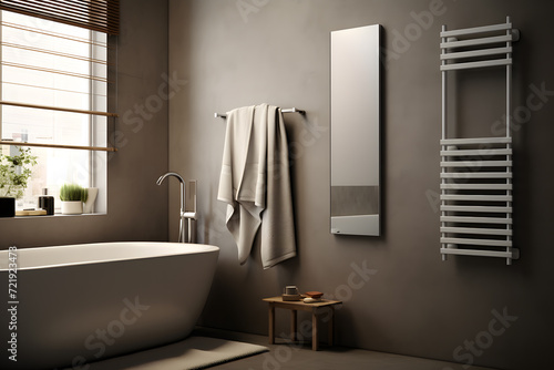 A bathroom with a sleek wall-mounted electric towel warmer