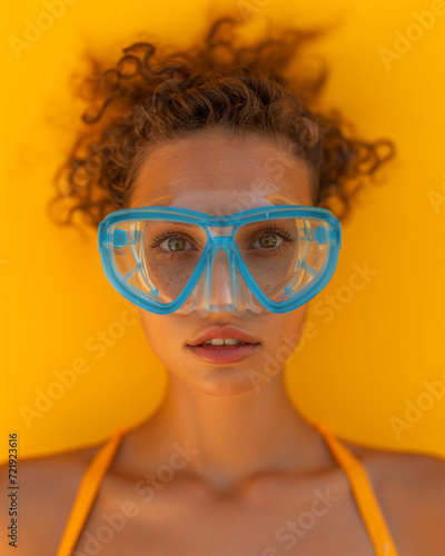 Portrait of a woman wearing a diving mask on a yellow background