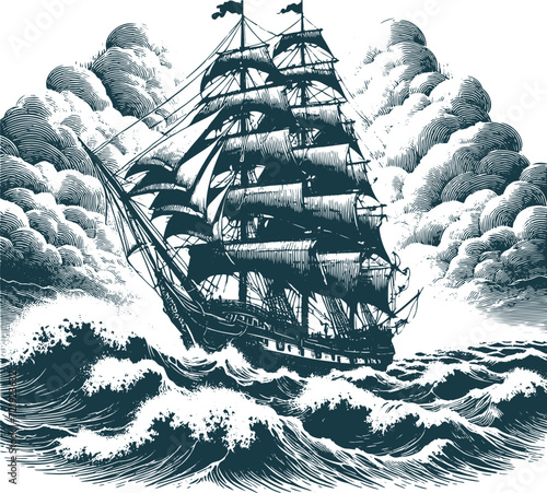 vintage wooden sailing ship sailing in bad storm weather vector engraving on a white background