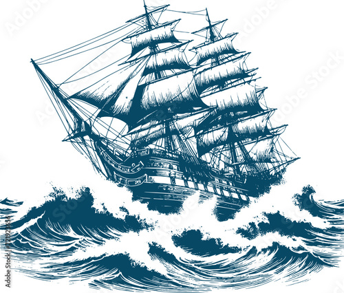 Sailing craft made of wood in stormy seas vector engraved image on white