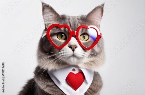 Valentine's cat. Cute funny cat with red heart-shaped glasses sitting on grey background. Creative postcard with cat, copy space for text. St. Valentine's Day, wedding, women's day, birthday concept