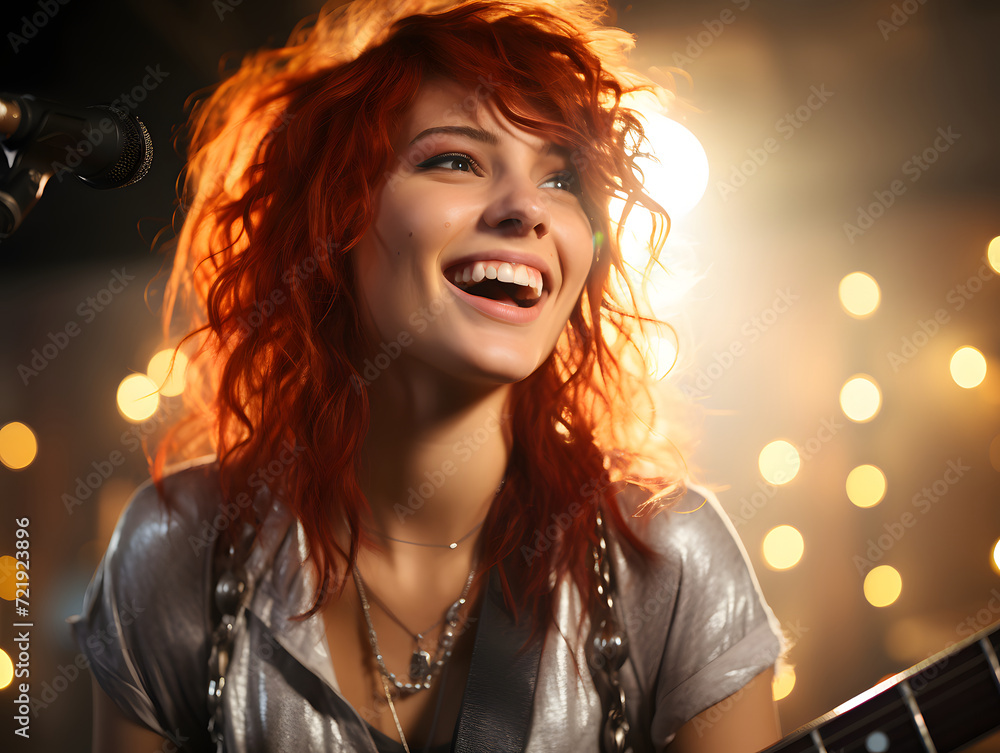 Fototapeta premium Beautiful Redhead Rockstar Woman Playing Guitar