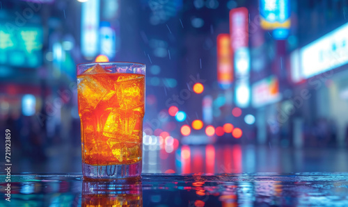 Iced beverage in a glass on a city street at night with neon lights reflecting on wet surface. Urban nightlife and refreshment concept. Design for city bar promotions and nightlife guides