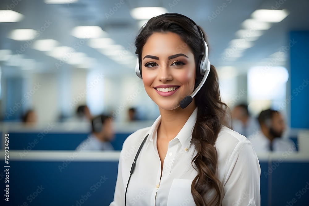 A smiling woman, headset in place, radiates positivity and professionalism as a call center agent, ready to assist with her expertise and warm demeanor. A smiling woman, headset in place, radiates positivity and professionalism as a call center agent, ready to assist with her expertise and warm demeanor.