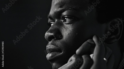 A troubled man contemplates his worries, his wrinkled forehead and furrowed brow reflecting the weight of his thoughts, captured in a monochrome portrait