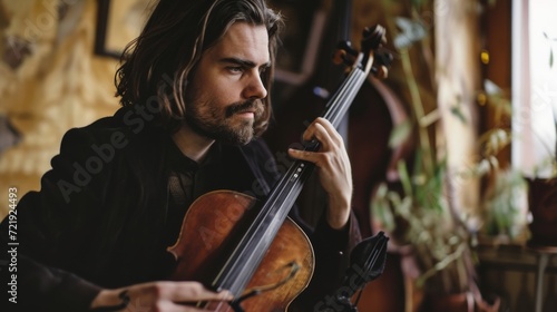A passionate musician captivates his audience with the haunting melodies of his violin at a classical concert, his face reflecting the intense emotions evoked by the string instrument