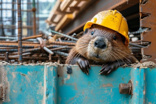 Fotografiet A determined mammal donning a bright yellow hard hat braves the outdoors to cons