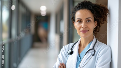 A confident woman in a white coat, adorned with a stethoscope, stands proudly against a wall, her warm smile radiating both indoors and outdoors, showcasing her dedication to caring for the human fac