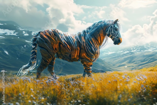 Amidst a vast green field  a majestic zebra gazes at the sky  its striking stripes blending with the fluffy white clouds  embodying the raw beauty and freedom of nature