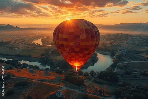 Couple enjoying a scenic hot air balloon ride over a picturesque landscape