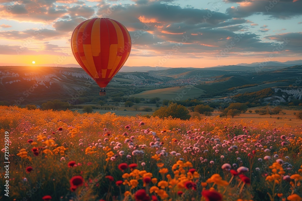 Couple enjoying a scenic hot air balloon ride over a field of wildflowers