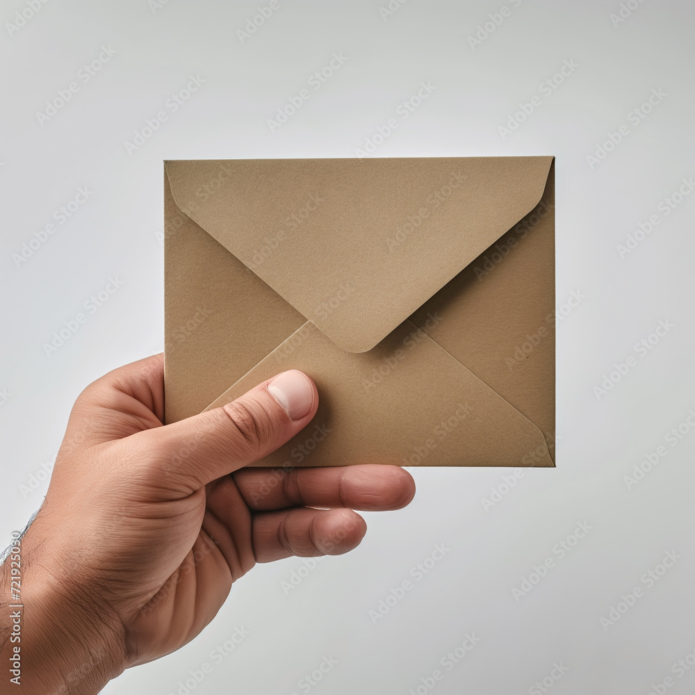 Craft paper envelope in hand isolated on white. High quality photo