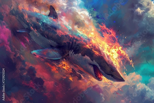 A fiery shark swims through a cloud-filled sky, its menacing presence captured in a vibrant painting on a plane's fuselage © AiAgency