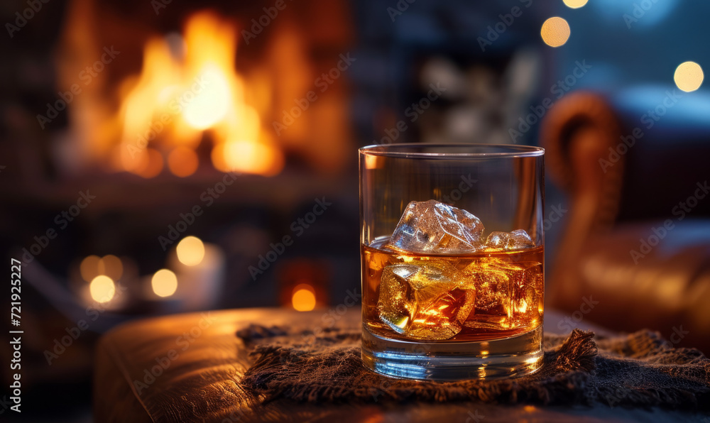 Whisky on the rocks in a cozy room with a roaring fireplace. Comfort and winter warmth concept. Design for home lifestyle branding and intimate gathering promotions